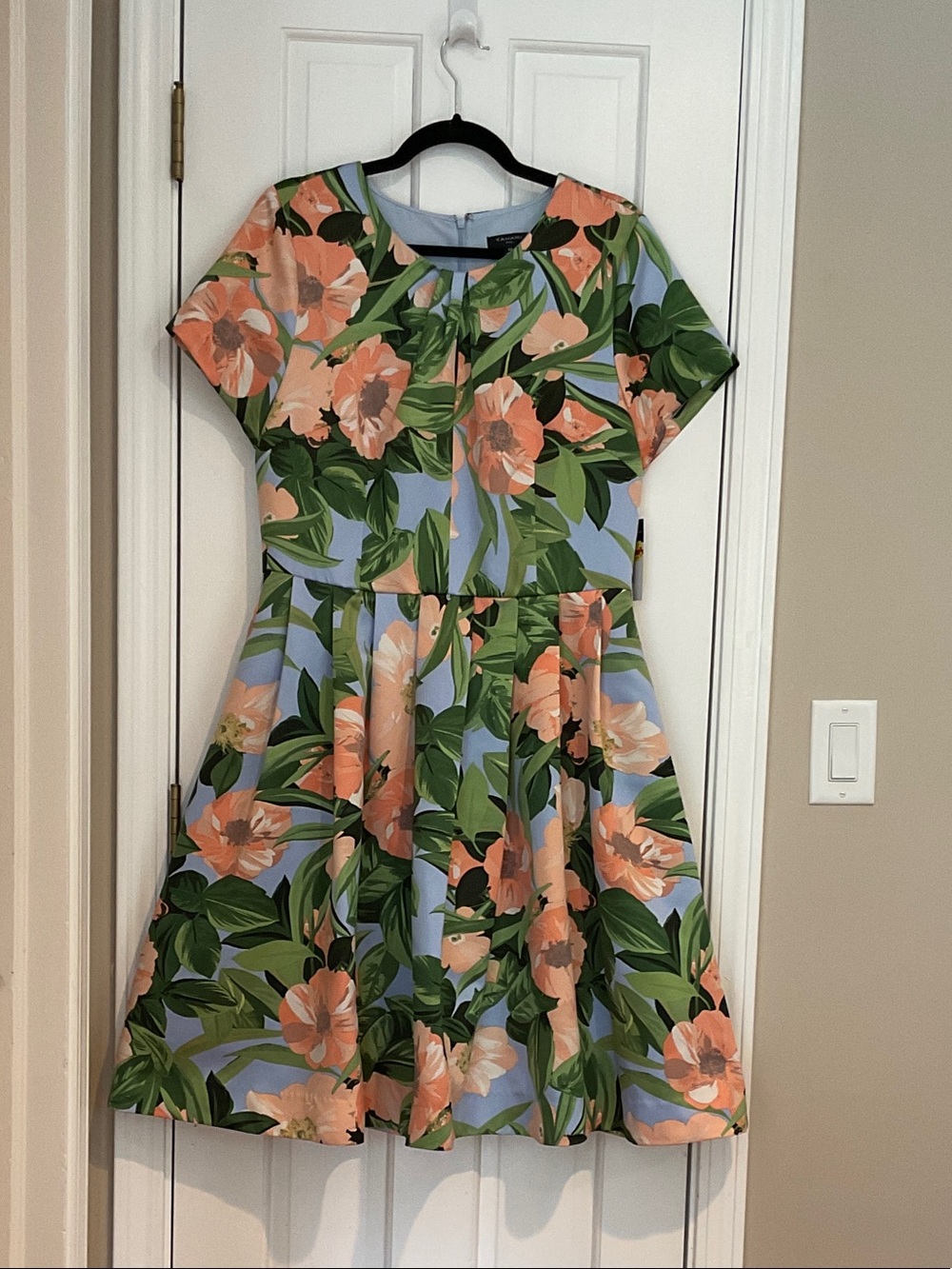 Tahari ASL Peach Floral Fit & Flare Midi Dress on Blue